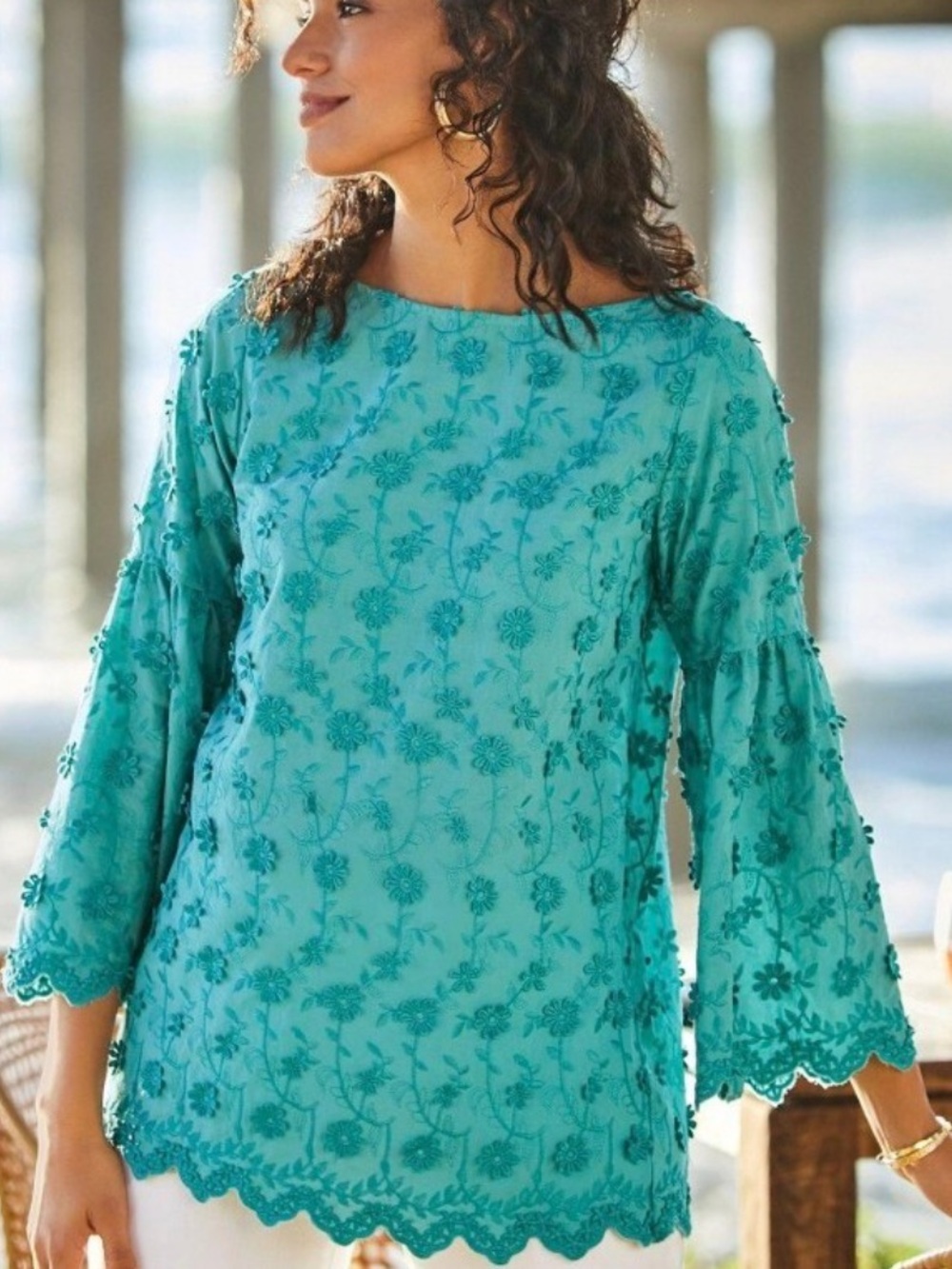 Soft Surroundings Rosalie Turquoise Daisy Floral Lace Bell Sleeve Top